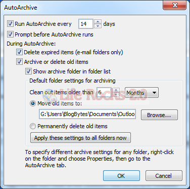 AutoArchive settings