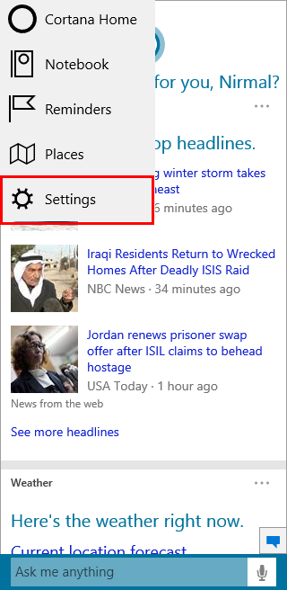 Cortana setttings
